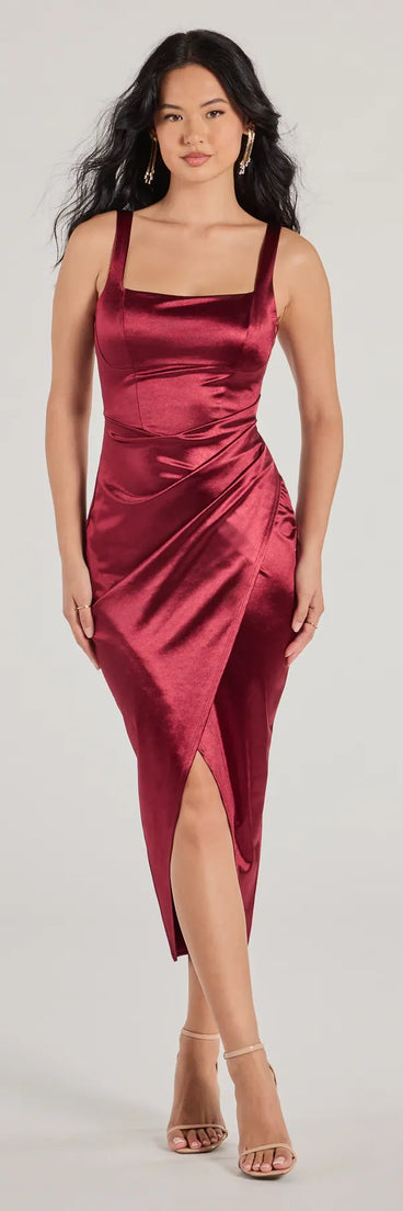 Feel instantly put-together in the Samantha Formal Satin Midi Dress in wine, a stylish wedding guest dress designed for confident style and all-out celebration.