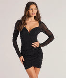 Emma Faux Pearl Beaded Long Sleeve Bodycon Dress, a trendy black mini dress featuring modern details and a fresh seasonal hue, perfect for creating chic 2025 looks.