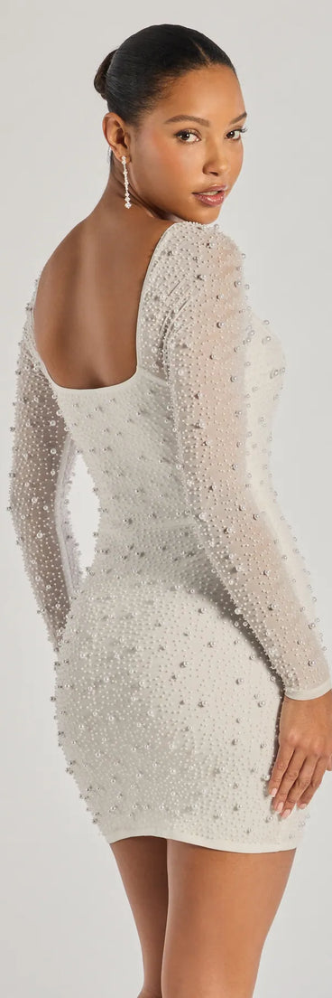 Emma Faux Pearl Beaded Long Sleeve Bodycon Dress, a trendy white mini dress featuring modern details and a fresh seasonal hue, perfect for creating chic 2025 looks.