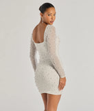 Emma Faux Pearl Beaded Long Sleeve Bodycon Dress, a trendy white mini dress featuring modern details and a fresh seasonal hue, perfect for creating chic 2025 looks.
