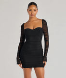 Kari Long Sleeve Studded Ruched Mini Dress, a trendy black mini dress featuring modern details and a fresh seasonal hue, perfect for creating chic 2025 looks.