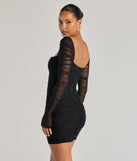 Own every entrance in the Kari Long Sleeve Studded Ruched Mini Dress, a black party dress perfect for milestone birthdays and grad parties, or dancing through summer nights and unforgettable bachelorette celebrations.