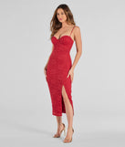The Arlowe Glitter Lace Corset Midi Dress in red is a modern red dress featuring trendy details and a stunning design ideal for wedding guest dresses, elegant cocktail looks, or an alluring Easter dress.