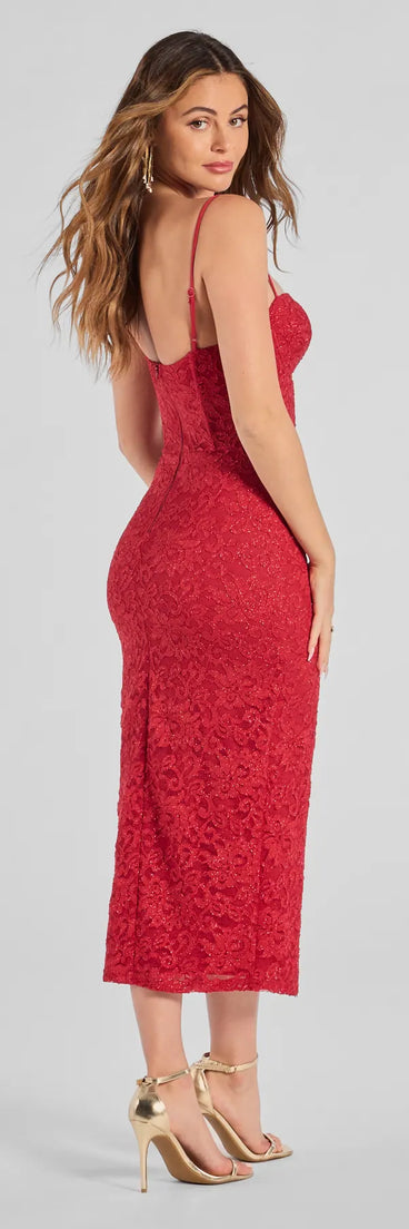 Arlowe Glitter Lace Corset Midi Dress in red , a stylish red dress with a flattering fit and fabric that adds allure to your look, perfect for wedding guest attire, cocktail events, or making a bold statement on a date night.