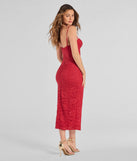 Arlowe Glitter Lace Corset Midi Dress in red , a stylish red dress with a flattering fit and fabric that adds allure to your look, perfect for wedding guest attire, cocktail events, or making a bold statement on a date night.