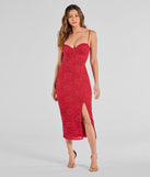 Arlowe Glitter Lace Corset Midi Dress in red , a stylish red dress with a flattering fit and fabric that adds allure to your look, perfect for wedding guest attire, cocktail events, or making a bold statement on a date night.