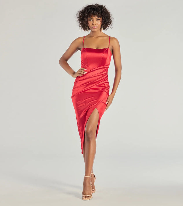 Own every entrance in the Harriet Formal Satin Corset Midi Dress, a red party dress perfect for milestone birthdays and grad parties, or dancing through summer nights and unforgettable bachelorette celebrations.