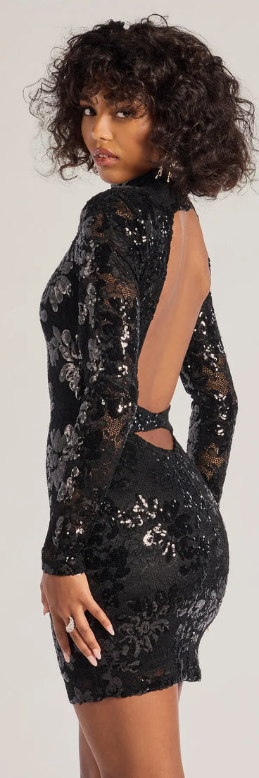 Own every entrance in the Colette Open-Back Sequin Lace Mini Dress, a black party dress perfect for milestone birthdays and grad parties, or dancing through summer nights and unforgettable bachelorette celebrations.