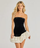 Own every entrance in the Addie Strapless Velvet Asymmetric Ruffled Mini Dress, a black party dress perfect for milestone birthdays and grad parties, or dancing through summer nights and unforgettable bachelorette celebrations.