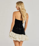 Own every entrance in the Addie Strapless Velvet Asymmetric Ruffled Mini Dress, a black party dress perfect for milestone birthdays and grad parties, or dancing through summer nights and unforgettable bachelorette celebrations.