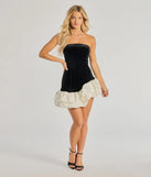 Own every entrance in the Addie Strapless Velvet Asymmetric Ruffled Mini Dress, a black party dress perfect for milestone birthdays and grad parties, or dancing through summer nights and unforgettable bachelorette celebrations.
