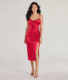 Feel confident and photo-ready in the Kristen Formal Satin Cowl Neck Midi Dress, a red graduation dress perfect for 2025 ceremonies and parties.
