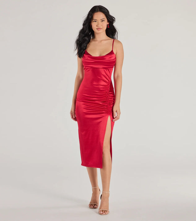 Feel confident and photo-ready in the Kristen Formal Satin Cowl Neck Midi Dress, a red graduation dress perfect for 2025 ceremonies and parties.