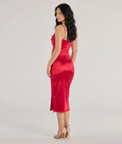 Kristen Formal Satin Cowl Neck Midi Dress in red , a stylish red dress with a flattering fit and fabric that adds allure to your look, perfect for wedding guest attire, cocktail events, or making a bold statement on a date night.