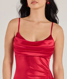 Make a statement in the Kristen Formal Satin Cowl Neck Midi Dress, a bold red prom dress designed to exude confidence, elegance, and a striking prom-night look.