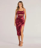 The Lilith Satin Cutout Wrap-Front Midi Dress in wine is a modern red dress featuring trendy details and a stunning design ideal for wedding guest dresses, elegant cocktail looks, or an alluring Easter dress.