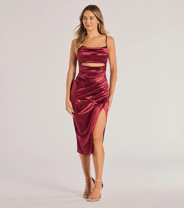 The Lilith Satin Cutout Wrap-Front Midi Dress in wine is a modern red dress featuring trendy details and a stunning design ideal for wedding guest dresses, elegant cocktail looks, or an alluring Easter dress.