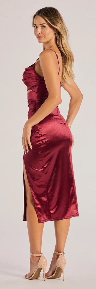 Lilith Satin Cutout Wrap-Front Midi Dress in wine , a stylish red dress with a flattering fit and fabric that adds allure to your look, perfect for wedding guest attire, cocktail events, or making a bold statement on a date night.