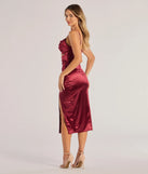 Lilith Satin Cutout Wrap-Front Midi Dress in wine , a stylish red dress with a flattering fit and fabric that adds allure to your look, perfect for wedding guest attire, cocktail events, or making a bold statement on a date night.