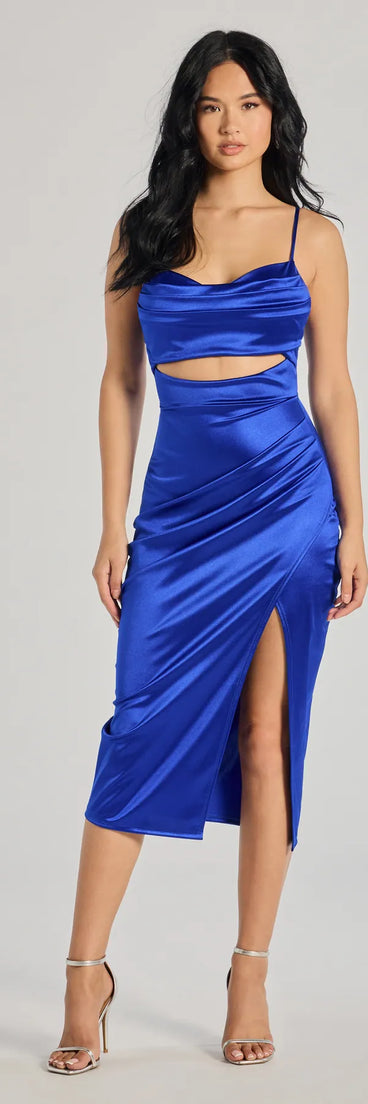 Feel instantly put-together in the Lilith Satin Cutout Wrap-Front Midi Dress in royal blue, a stylish wedding guest dress designed for confident style and all-out celebration.
