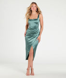 The Annie Bodycon Wrap Satin Midi Formal Dress in luxe sage green fabric, a stunning prom dress with statement details designed to make a bold impression at Prom 2025.