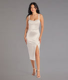 The Laina High Slit Satin Midi Dress is your new go-to Windsor dress—effortless, versatile, and made to update your fall style in seconds.