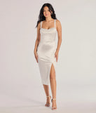 The Laina High Slit Satin Midi Dress in luxe white fabric, a stunning prom dress with statement details designed to make a bold impression at Prom 2025.
