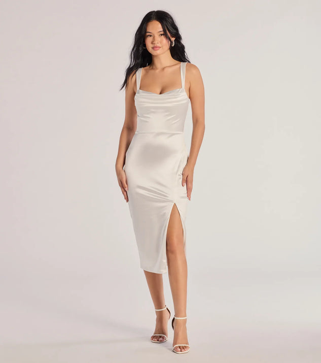 The Laina High Slit Satin Midi Dress in luxe white fabric, a stunning prom dress with statement details designed to make a bold impression at Prom 2025.