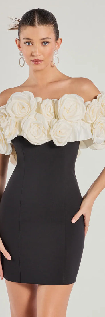 Feel instantly put-together in the Nancy Off The Shoulder Floral Mini Dress in black, a summer wedding guest dress designed for confident style and all-out celebration.