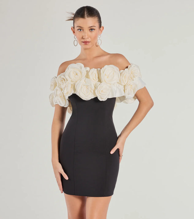 Turn heads at Prom 2025 in this black prom dress, where statement-making details meet the iconic style of the Nancy Off The Shoulder Floral Mini Dress .