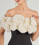 The Nancy Off The Shoulder Floral Mini Dress is a show-stopping black prom dress, offering a sleek, slimming silhouette that enhances your natural beauty for an unforgettable night.