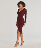 Rhea Long Sleeve Wrap Glitter Midi Dress in burgundy , a stylish red dress with a flattering fit and fabric that adds allure to your look, perfect for wedding guest attire, cocktail events, or making a bold statement on a date night.