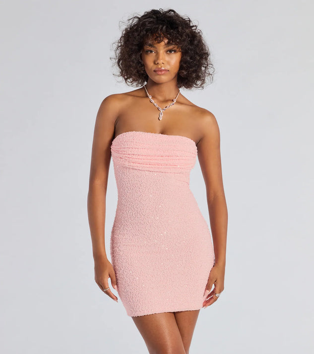 Make a bold statement in the Lena Strapless Bodycon Beaded Mesh Mini Dress in pink, the perfect spring dress for weddings, cocktail hours, nights out, and/or seasonal celebrations.