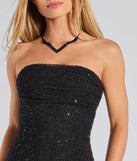 The Lena Strapless Bodycon Beaded Mesh Mini Dress is a show-stopping black prom dress, offering a sleek, slimming silhouette that enhances your natural beauty for an unforgettable night.