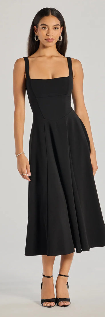 The Silvia Lace-Up Fit And Flare Midi Crepe Dress in luxe black fabric, a stunning prom dress with statement details designed to make a bold impression at Prom 2025.