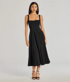 The Silvia Lace-Up Fit And Flare Midi Crepe Dress in luxe black fabric, a stunning prom dress with statement details designed to make a bold impression at Prom 2025.