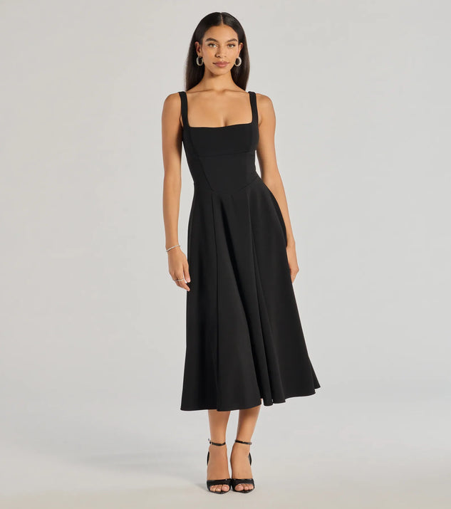 The Silvia Lace-Up Fit And Flare Midi Crepe Dress in luxe black fabric, a stunning prom dress with statement details designed to make a bold impression at Prom 2025.