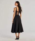 The Silvia Lace-Up Fit And Flare Midi Crepe Dress is a show-stopping black prom dress, offering a sleek, slimming silhouette that enhances your natural beauty for an unforgettable night.