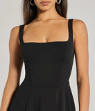 The Silvia Lace-Up Fit And Flare Midi Crepe Dress in luxe black fabric, a stunning prom dress with statement details designed to make a bold impression at Prom 2025.