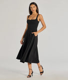 The Silvia Lace-Up Fit And Flare Midi Crepe Dress in luxe black fabric, a stunning prom dress with statement details designed to make a bold impression at Prom 2025.