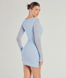 Flaunt your silhouette in the tight Bianca Long Sleeve Faux Pearl Beaded Mini Dress in light blue, a bodycon dress that empowers your look with bold style and effortless edge.