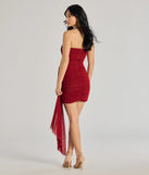 Kaiya Strapless Bodycon Ruched Mesh Mini Dress in red , a stylish red dress with a flattering fit and fabric that adds allure to your look, perfect for wedding guest attire, cocktail events, or making a bold statement on a date night.