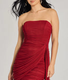 Make a bold statement in the Kaiya Strapless Bodycon Ruched Mesh Mini Dress in red, the perfect spring dress for weddings, cocktail hours, nights out, and/or seasonal celebrations.