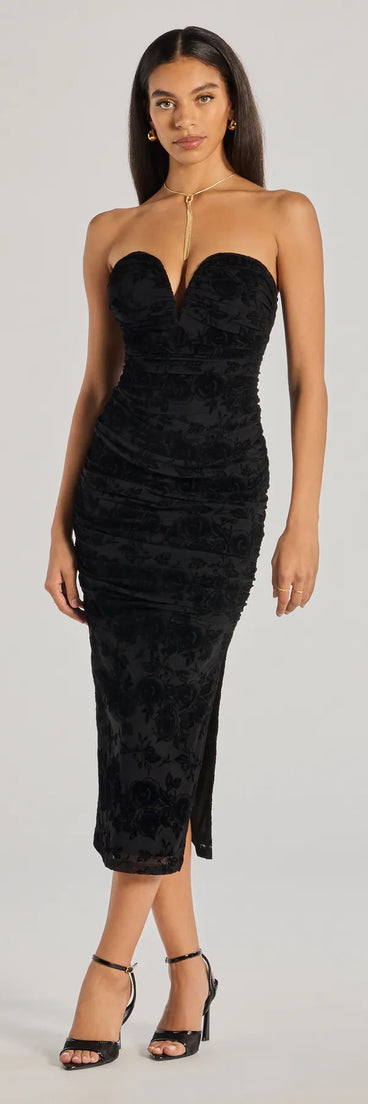 Own the spotlight in the Destiny Strapless Velvet Mesh Midi Dress, a black formal dress crafted to deliver luxe style for autumn weddings, Military Balls, or any special event.