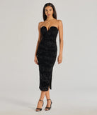 The Destiny Strapless Velvet Mesh Midi Dress is a show-stopping black prom dress, offering a sleek, slimming silhouette that enhances your natural beauty for an unforgettable night.