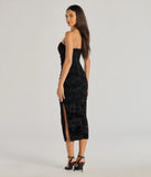 Flaunt your silhouette in the tight Destiny Strapless Velvet Mesh Midi Dress in black, a bodycon dress that empowers your look with bold style and effortless edge.
