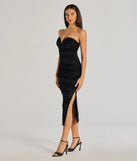 The Destiny Strapless Velvet Mesh Midi Dress is a show-stopping black prom dress, offering a sleek, slimming silhouette that enhances your natural beauty for an unforgettable night.