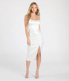 The Aubrey Lace-Up Slit Satin Midi Formal Dress in luxe ivory fabric, a stunning prom dress with statement details designed to make a bold impression at Prom 2025.
