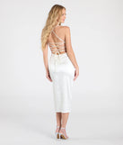 Flaunt your silhouette in the tight Aubrey Lace-Up Slit Satin Midi Formal Dress in ivory, a bodycon dress that empowers your look with bold style and effortless edge.