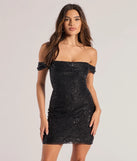 Sabrina Off-The-Shoulder Lace Sequin Mini Dress, a trendy black mini dress featuring modern details and a fresh seasonal hue, perfect for creating chic 2025 looks.
